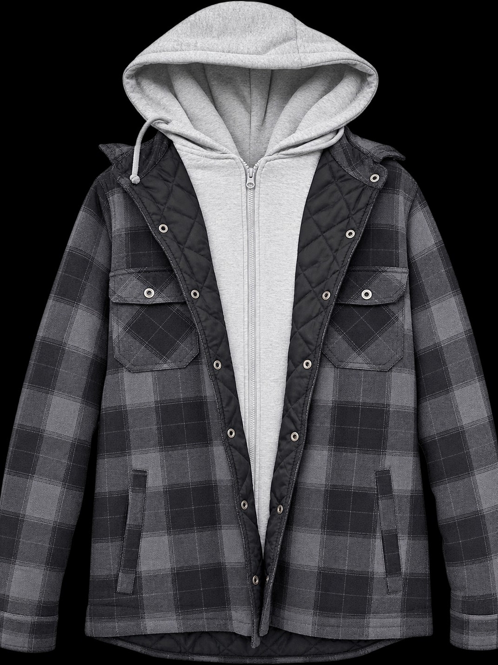 Men's Hooded Quilted Plaid Jacket - Gray